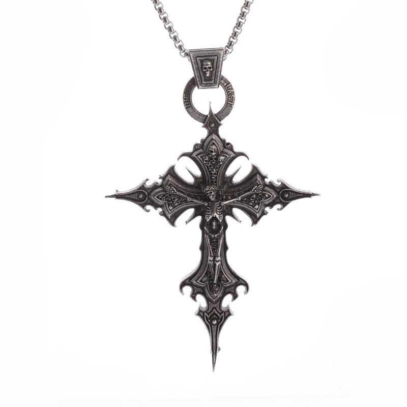 Vintage Gothic Skull Jesus Cross Pendant Necklace Catholic Jewelry for Men Punk Religious Amulet Necklace Vintage Gothic Skull J