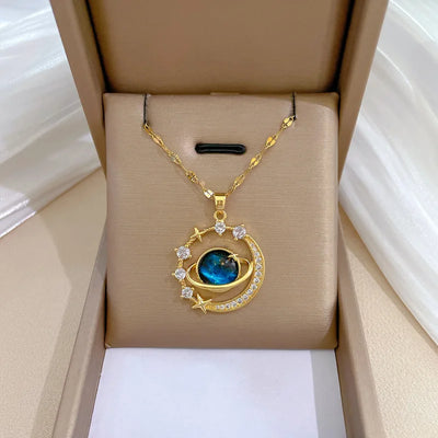 Exquisite Starry Sky Planet Light Necklace - Luxurious Stainless Steel Clavicle Chain with Stars And Moon Design for Versatile S
